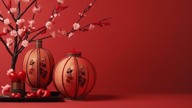 Foto chinese nieuwjaar achtergrond met traditionele lantaarns sakura bloemen en kopie ruimte lunar nieuwjaar