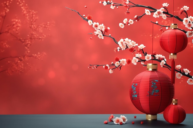 Chinese nieuwjaar achtergrond met traditionele lantaarns sakura bloemen en kopie ruimte Lunar nieuwjaar