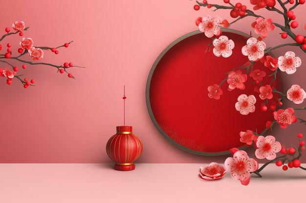 Foto chinese nieuwjaar achtergrond met traditionele lantaarns sakura bloemen en kopie ruimte lunar nieuwjaar