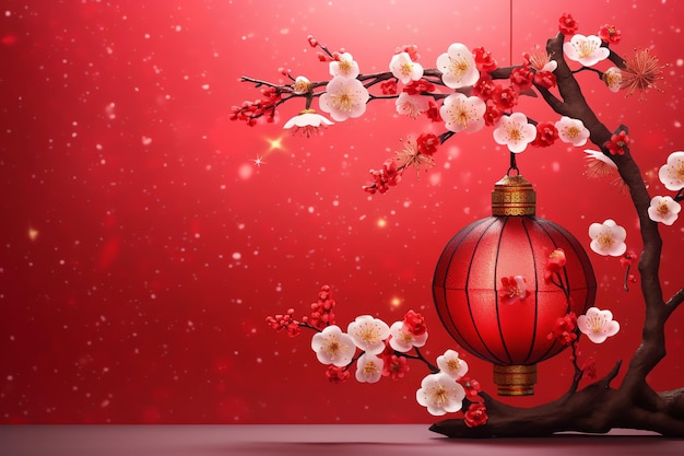 Chinese nieuwjaar achtergrond met traditionele lantaarns sakura bloemen en kopie ruimte Lunar nieuwjaar