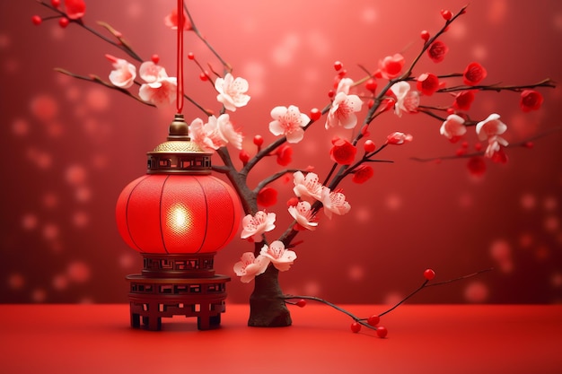Chinese nieuwjaar achtergrond met traditionele lantaarns sakura bloemen en kopie ruimte Lunar nieuwjaar