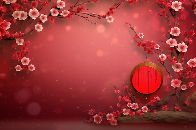 Chinese nieuwjaar achtergrond met traditionele lantaarns sakura bloemen en kopie ruimte Lunar nieuwjaar