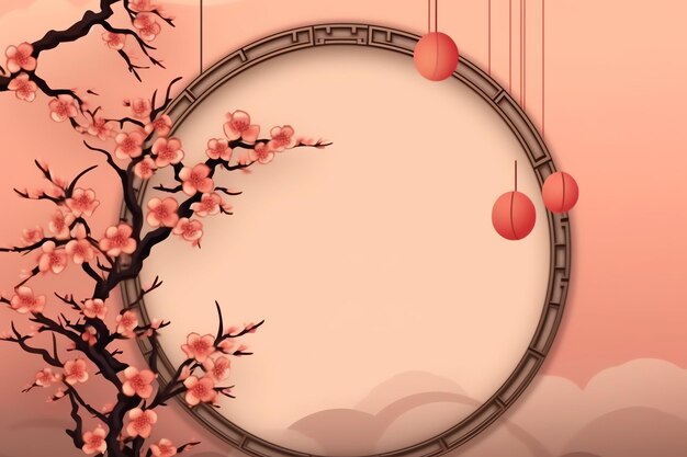 Foto chinese nieuwjaar achtergrond met traditionele lantaarns sakura bloemen en kopie ruimte lunar nieuwjaar