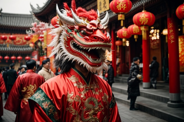 Chinese Nieuwjaar draak in rood Gevaarlijk thema Gezicht met scherpe hoorn