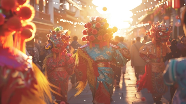 Chinese Nieuwjaar Dragon Parade bij zonsondergang