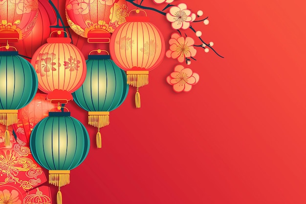 Chinese Nieuwjaarskaart achtergrond met kroonluchters