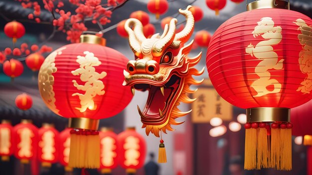 Foto chinese nieuwjaarslantaarn met drakenhoofd op de achtergrond