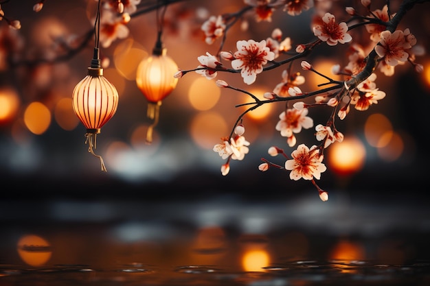 Chinese nieuwjaarslantaarns werden aan beide zijden van de weg opgehangen met bokeh-effect met bloemen tak