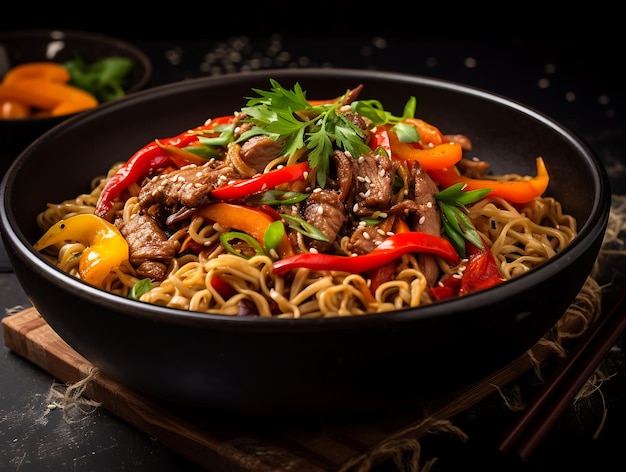 Chinese noedels met rundvlees en groenten in een kom op een donkere achtergrond
