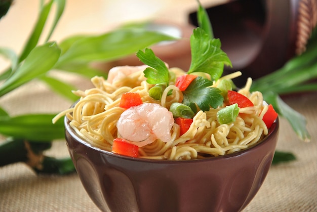 Chinese noodle dish with shrimp and vegetables