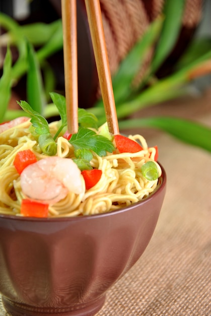 Chinese noodle dish with shrimp and vegetables