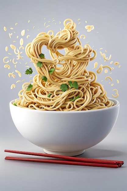 Chinese noodle or japanese instant noodle chopped with chopsticks form white bowl twist or swirl shape 3d illustration