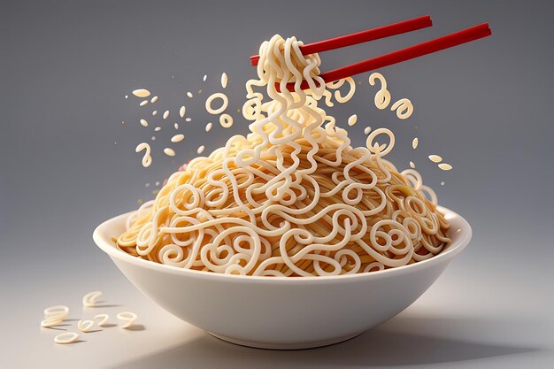 Chinese noodle or japanese instant noodle chopped with chopsticks form white bowl twist or swirl shape 3d illustration