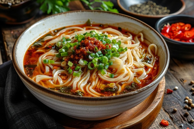 Chinese noodle soup with vegetables in tomato sauce