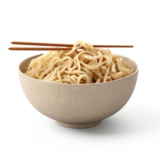 chinese noodles in a bowl with chopsticks close up isolated white background