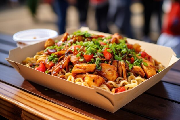 Chinese noodles with chicken and vegetables in cardboard box on table in street eatery concept fast takeaway street food