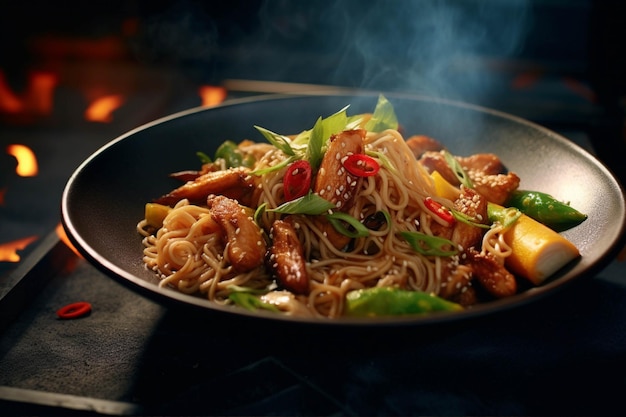 Chinese noodles with chicken and vegetables on a plate on a black background