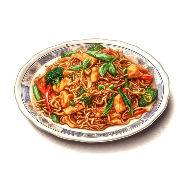 Photo chinese noodles with chicken and vegetables in a plate on a white background