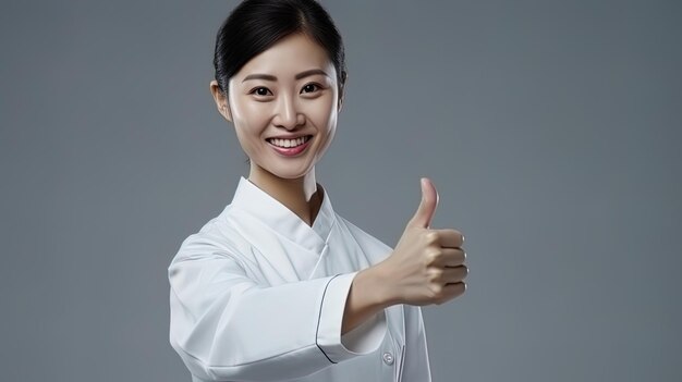 Chinese nurse with short hair normal face presenting a thumbsup in a medium shot dressed in a w