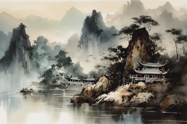 Китайская пейзажная живопись тушью на открытом воздухе
