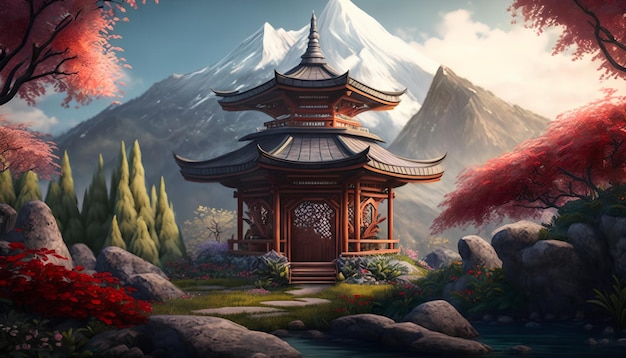 Chinese pagoda in the mountains with mountains in the background