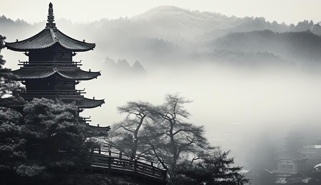 a chinese pagoda shaped structure on a green hillside in the style of atmospheric and moody