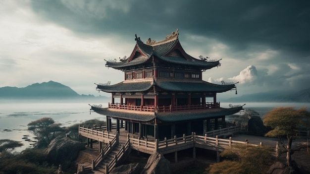 A chinese pagoda sits on a cliff overlooking a lake.