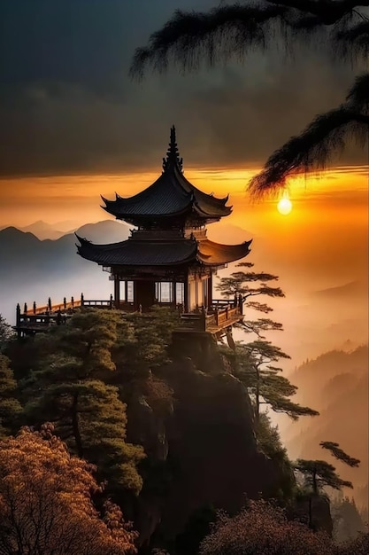 A chinese pagoda sits on a cliff at sunset.