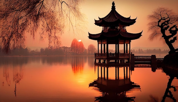 A chinese pagoda sits on a lake at sunset.