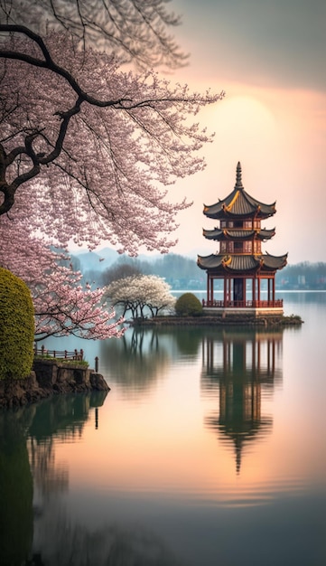 A chinese pagoda sits on a lake with cherry blossoms in the foreground.