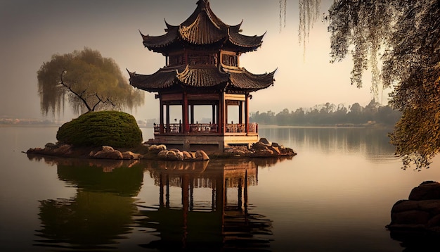 A chinese pagoda sits on a lake with a cloudy sky above it.