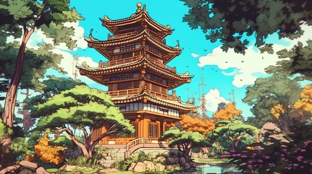 Chinese pagoda in a tranquil garden Fantasy concept Illustration painting