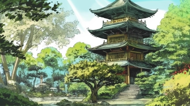 Chinese pagode in een rustige tuin Fantasie concept Illustratie schilderij