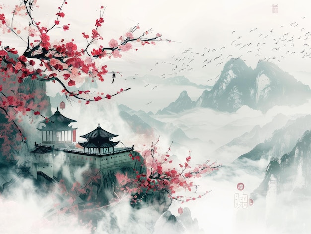 Photo a chinese painting depicting high mountains and clouds as well as pavilions