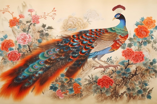 中国絵画の孔雀のシーン
