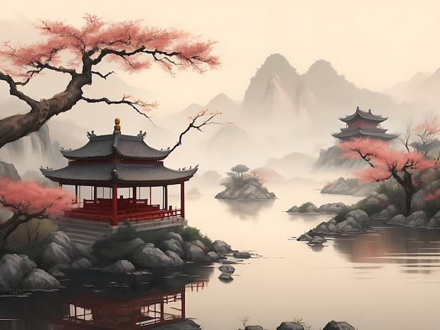 Chinese painting style landscape asian traditional culture illustration image AI Generated