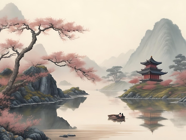 Chinese painting style landscape asian traditional culture illustration image AI Generated