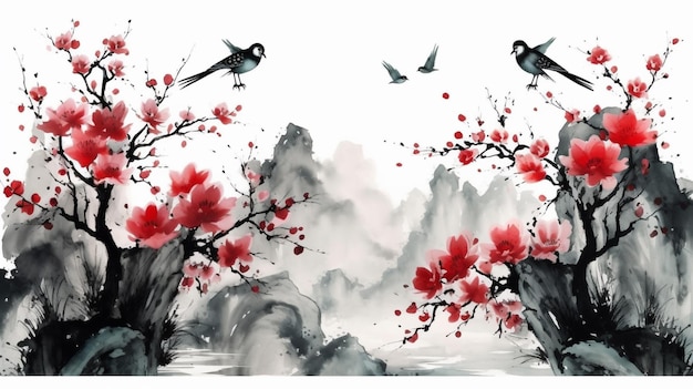 A chinese painting with birds on a branch