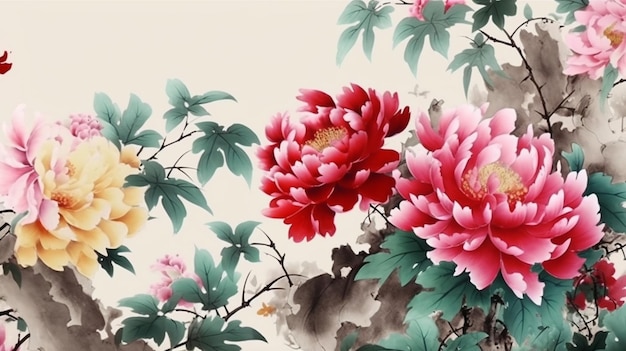 A chinese painting with a red flower and a yellow sun