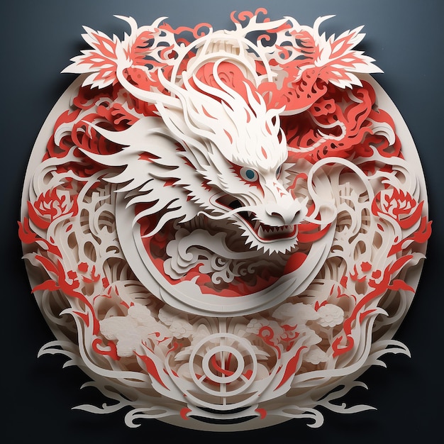 Chinese paper cut dragon with red and white fur lines on a black background