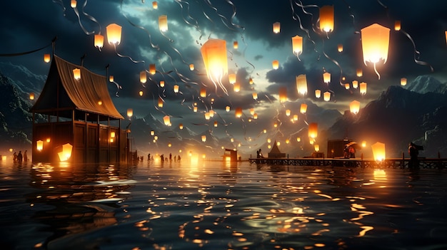 Chinese paper lanterns floating on the water3d rendering