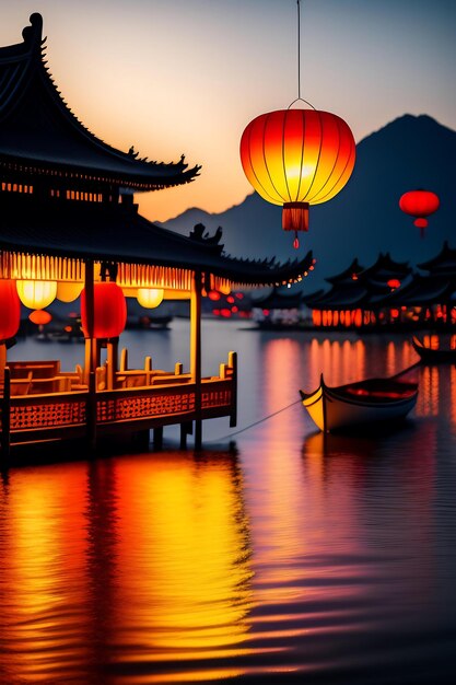 Chinese paper lanterns on row boats in water celebration chinese new year