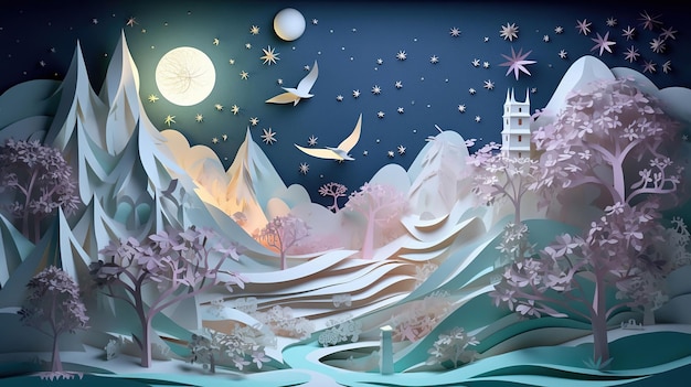 Chinese papercut landscape background generative ai