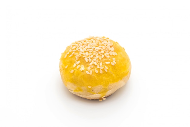 Chinese pastry or moon cake filled with mung bean paste and salted egg yolk 