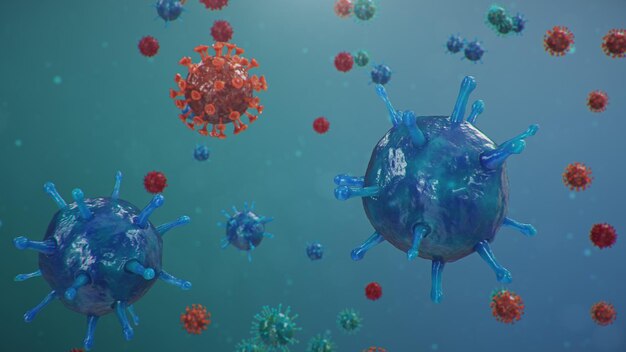 코로나바이러스 또는 코비드-19라고 불리는 중국 병원체는 독감의 일종입니다. 사망에 이르게 하는 코로나바이러스의 발생. 폐를 감염시키는 전염병의 개념, 즉 비정형 폐렴, 3D 일러스트레이션
