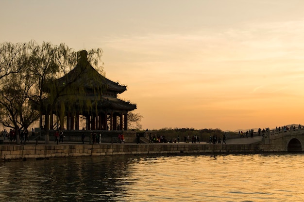 Chinese pavilion and bridge at sunset, Beijing Summer Palace