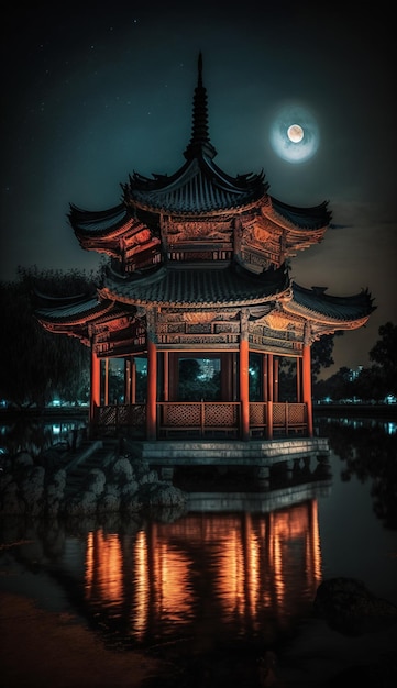 A chinese pavilion sits on a lake at night.