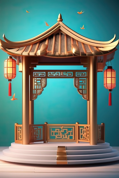 a chinese pavilion with a blue background and a blue background.