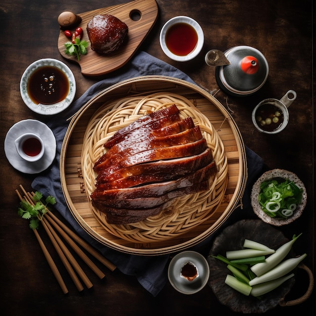 Chinese peking duck in a bustling restaurant scene