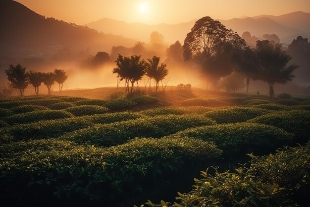 日の出の中国のお茶農園 生成 AI